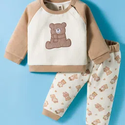 ToffyHouse Fleece Knit Full Raglan Sleeves Winter Wear T-Shirt & Joggers Set With Teddy Print - Tan & Cream-picture-12
