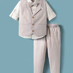 Rikidoos Full Sleeves Striped 3 Piece Party Suit With Bow Set - White & Beige image 1