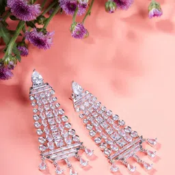 Opal Touch Rhodium-Plated Cubic Zirconia Studded Contemporary Drop Earrings-picture-15