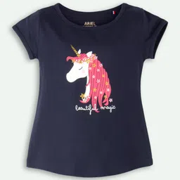 Ariel Cotton Knit Pack Of 5 Half Sleeves Unicorn & Typography Printed Tops - Black Yellow Pink Navy & Sky Blue image 5