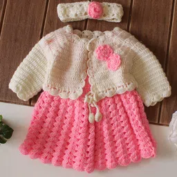 Woonie Handknitted Floral Applique Detailed Dress With Full Sleeves Shrug & Headband - Pink image 5