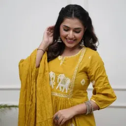 Aaysa Kurti Women Ethnic Motifs Embroidered Cotton Anarkali Kurta with Trousers & Dupatta image 3