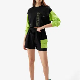 The Souled Store Black & Green Cotton Color-Block Cropped T-Shirt image 5