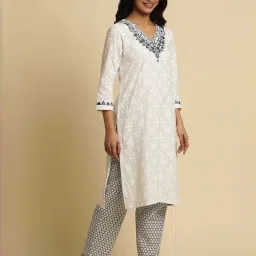 W Off-White Cotton Embroidered Straight Kurta image 5