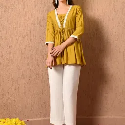 Deckedup Mustard Cotton Silk Relaxed FitTunic Tops image 5