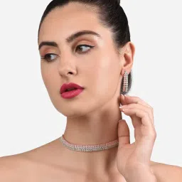 Zaveri Pearls Green & Pink Dazzling Cubic Zirconia Party Bling Necklace & Earring Set-ZPFK14030 image 5