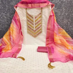 Panzora Floral Embroidered Sequinned Chanderi Cotton Unstitched Dress Material image 4