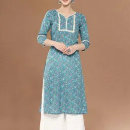 Varanga Blue Cotton Regular Fit Floral Print Kurta-image-96