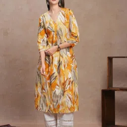 Fashor Yellow Cotton Printed A Line Kurta-image-14