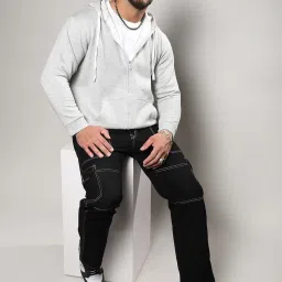 Instafab Plus Light Grey Cotton Regular Fit Plus Size Hooded Sweatshirt image 5