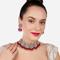 Zaveri Pearls Rani Pink Dazzling Kundan & Artificial Beads Necklace & Earring Set-ZPFK17111 image 5
