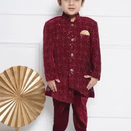 AJ Dezines Kids Maroon Embellished Full Sleeves Sherwani with Pants-image-13