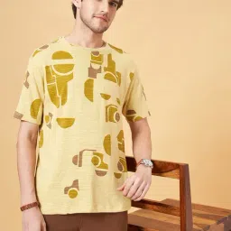 7 Alt by Pantaloons Mustard Relaxed Fit Printed Crew T-Shirt-picture-31