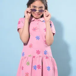 Crimsoune Club Kids Pink Floral Print Polo Dress-image-85