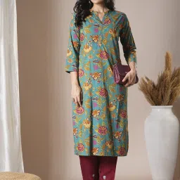 Fashor Green Pure Cotton Regular Fit Floral Print Kurta image 5