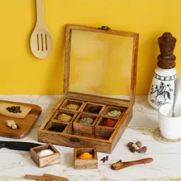 eCraftIndia Brown Wooden 9-in-1 Compartment Spice Box image 2