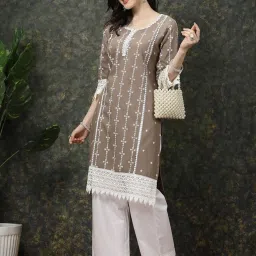 Melon by PlusS Brown Cotton Printed Straight Kurta image 5