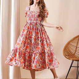 CORSICA Women Cotton Square Neck Floral Printed Fit & Flare Midi Dress-image-31
