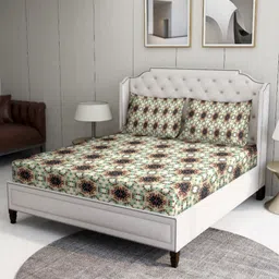 BOMBAY DYEING Beige & Green Ethnic Motifs 120 TC Bedsheet with 2 Pillow Covers-image-36