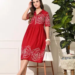 DECKEDUP Red Cotton Printed A-Line Dress image 5