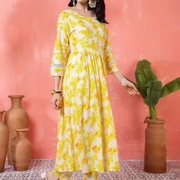 DIVASTRI Women Floral Printed Empire Pure Cotton Kurta with Trousers & With Dupatta image 3