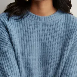 Globus Women Blue Round Neck Drop Shoulder Sleeves Self Design Cable Knit Pullover Sweater image 4