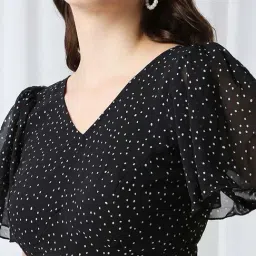 Globus Women Black V-Neck Flared Sleeves Polka Dot Georgette Layered Fit & Flare Maxi Party Dress image 4