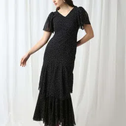 Globus Women Black V-Neck Flared Sleeves Polka Dot Georgette Layered Fit & Flare Maxi Party Dress-picture-23