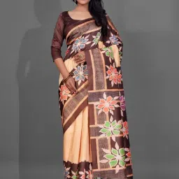 Saree Mall Peach & Brown Floral Print Saree With Unstitched Blouse-image-10
