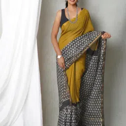 Unnati Silks Mustard & Black Printed Saree With Unstitched Blouse-picture-33