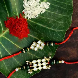 Karatcart Gold-Plated Kundan Rakhi with Roli Chawal & Greeting Card for Brother - Set of 2-picture-23