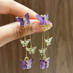 KRENOZ Gold-Plated Artificial Stones Studded Butterfly Shaped Drop Earrings image 3