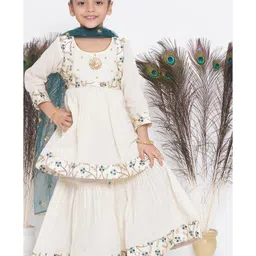 Little Bansi Three Fourth Sleeves Embroidered Kurta Sharara With Dupatta - Cream Green-picture-27