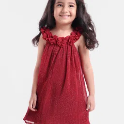 Babyhug Georgette Sleeveless Pleated A Line Party Frock Glitter Print- Maroon-picture-13
