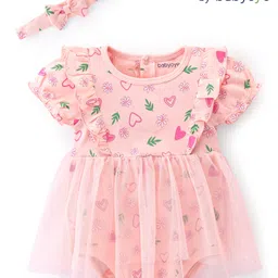 Babyoye Eco Conscious 100% Cotton Interlock with Eco Jiva Finish Half Sleeves Frock Style Onesie with Headband Heart & Floral Print - Pink-picture-16