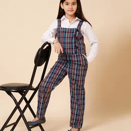 Piccolo Full Sleeves Solid Shirt With Gingham Checked Dungaree - Multi Color-image-11