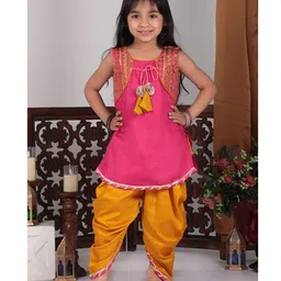 Kinder Kids Sleeveless Motif Embroidered & Gota Lace Embellished Kurta With Attached Jacket & Dhoti - Pink & Yellow-picture-21