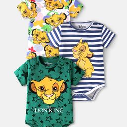 Babyhug Disney Interlock Knit Half Sleeves Striped & The Lion King Printed Onesies Pack of 3 - Green & White-picture-31