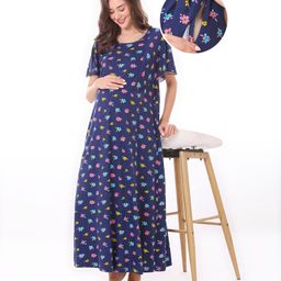 Bella Mama Cotton Knit Half Sleeves Concealed Zipper Floral Print Nighty - Navy Blue-picture-26