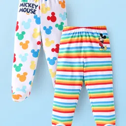 Babyhug Disney Cotton Knit Footed Diaper Leggings With Mickey Mouse Graphics Pack of 2 - White & Yellow-picture-19