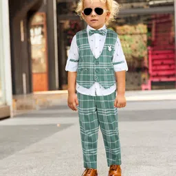 BAD BOYS Cotton Satin Full Sleeves Checked 3 Piece Party Suit Set - Green-picture-14