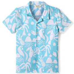 Bonfino Rayon Woven Half Sleeves Beach Theme Printed Oversized Resort Collar Shirt - Light Blue-image-3