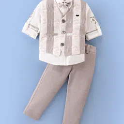 Rikidoos Full Sleeves Typography Printed Shirt With Waistcoat Pant & Bow - Beige & White-picture-24