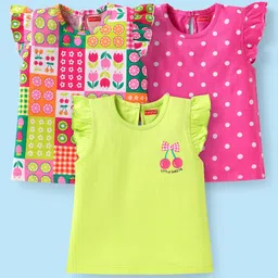 Babyhug Cotton Knit Frill Sleeves T-Shirt With Polka Dots & Floral Print Pack Of 3 - Yellow & Pink-picture-13