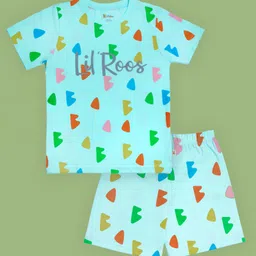 Lil' Roos Cotton Knit Half Sleeves Abstract Printed Coordinating Tee & Shorts Set - Soothing Sea Blue-picture-18