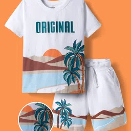 OLLINGTON ST. Cotton Knit Co-Ord Half Sleeves Beach Theme Printed T-Shirt & Knit Shorts Set - White-picture-17