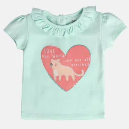 MINI KLUB Cotton Half Puffed Sleeves Baby Animal Embroidered Top - Blue-image-88