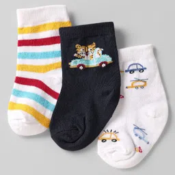 Cute Walk by Babyhug Knit Ankle Length Anti Bacterial Socks with Vehicle Design & Stripes Pack of 3 - Black & White-picture-20