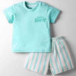 Zero Sinker Knit Half Sleeves T-Shirt & Shorts Set with Text Print & Stripes - Aqua Blue-picture-24