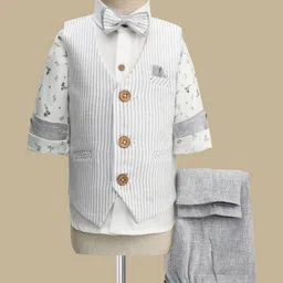 Rikidoos Full Sleeves Striped & Leaves Printed 3 Piece Party Suit With Bow Set - White & Grey-picture-20